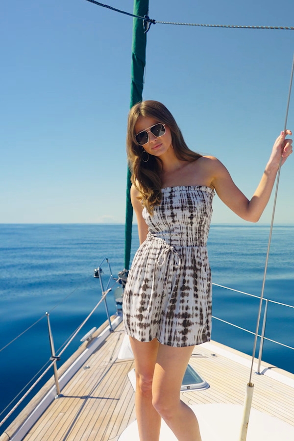 Brown White Tie Dye Shirred Detail Bandeau Playsuit