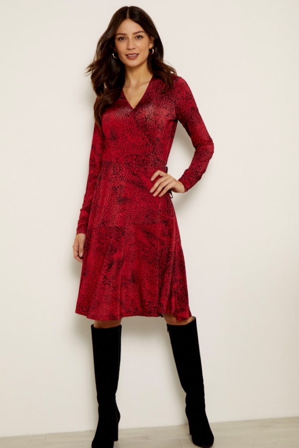 Red Leopard Print Wrap Jersey Dress