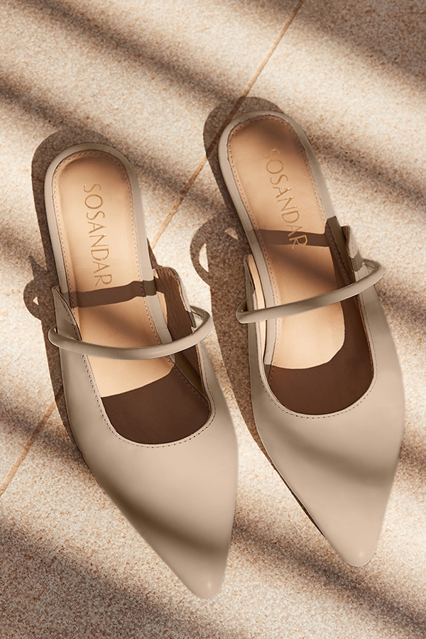 Taupe Leather Pointed Toe Strap Detail Flat Mules