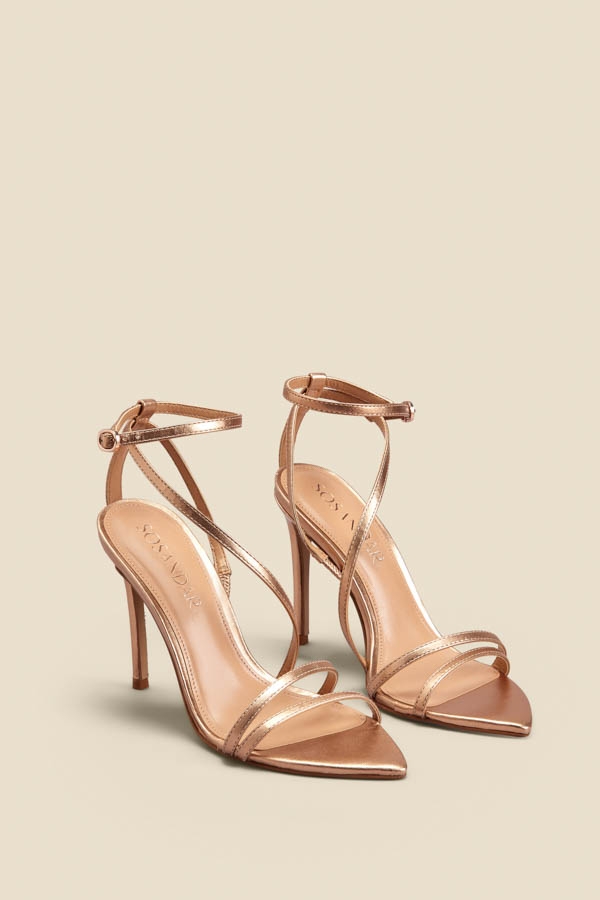 Rose Gold Leather Multi Strap Pointed Toe Stiletto Heel Sandals