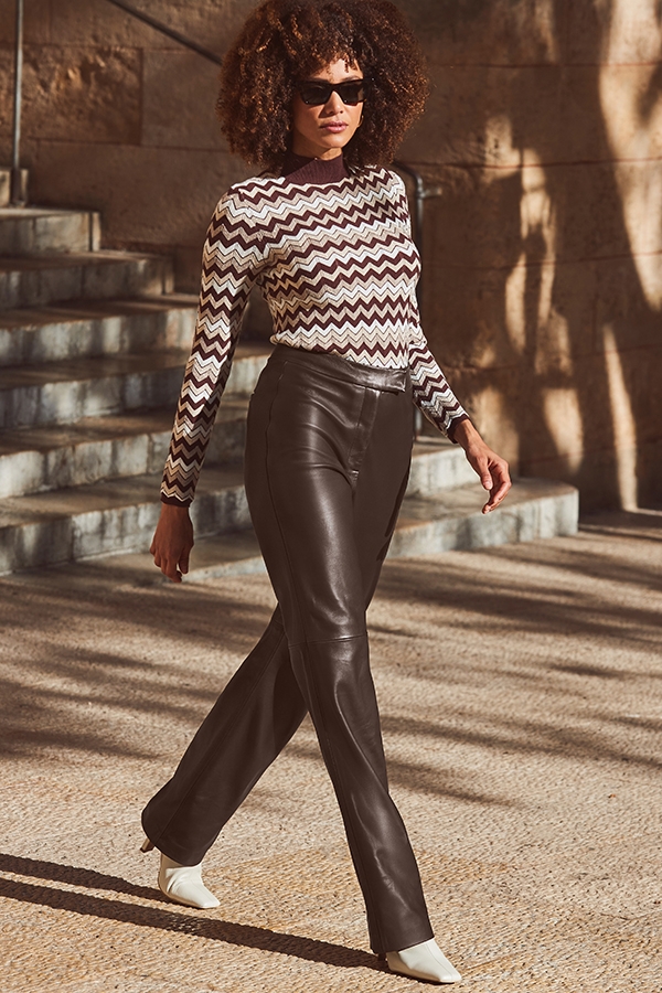Chocolate Brown Leather Straight Leg Trousers