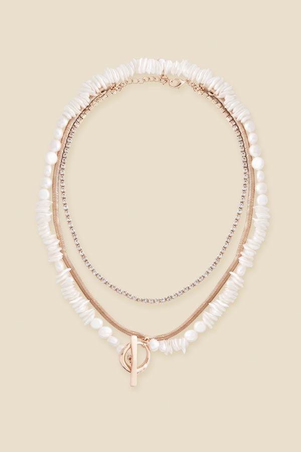 Gold Triple Layer Diamante & Pearl Toggle Detail Necklace