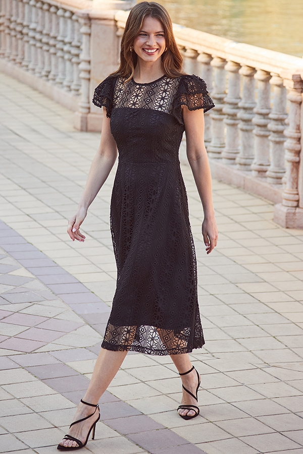 Black Broderie Lace Flutter Sleeve Fit & Flare Midi Dress