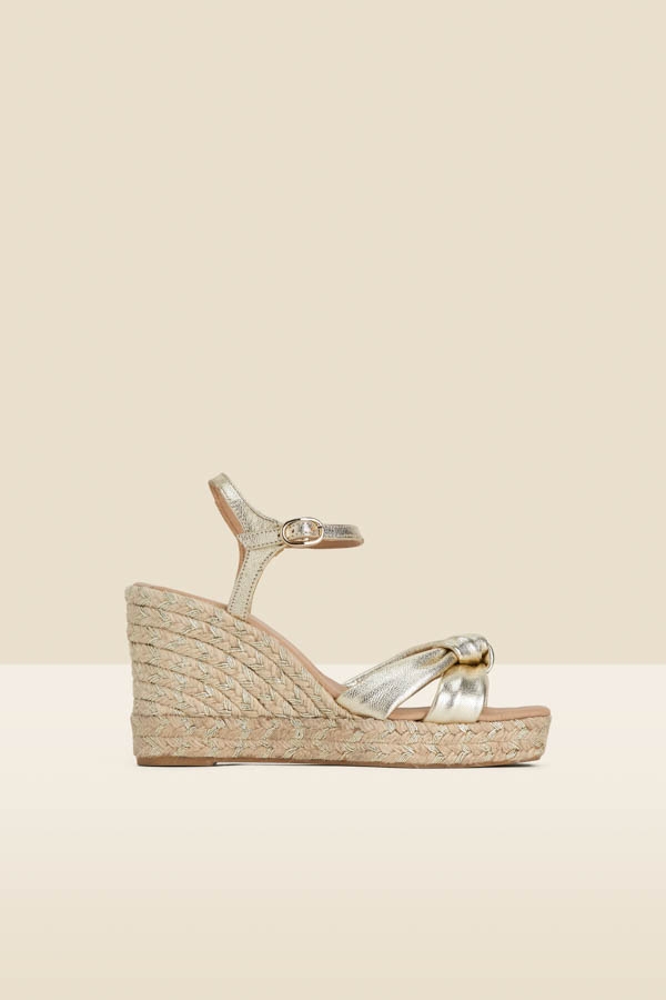 Gold Leather Knot Detail Wedge Espadrilles
