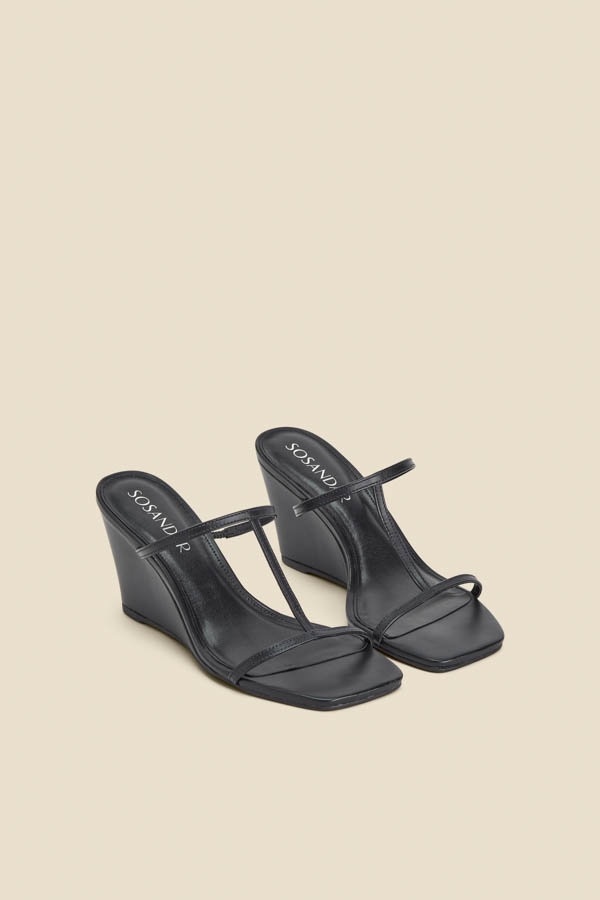 Black Leather Square Toe Strappy Wedged Mules
