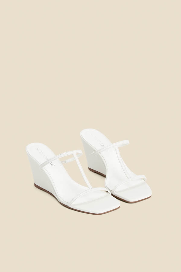 White Leather Square Toe Strappy Wedged Mules