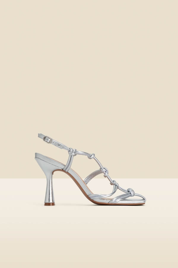 Silver Leather Knot Detail Flared Heel Sandals