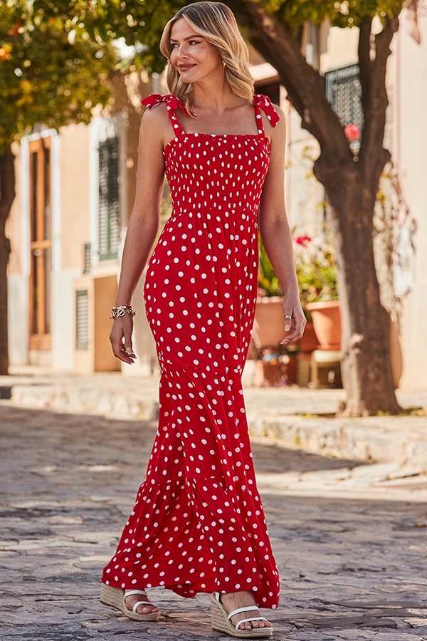Red Spot Print Tie Shoulder Tiered Hem Maxi Dress