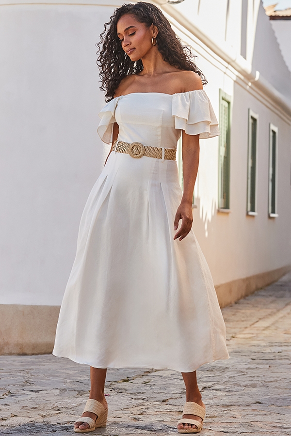 Ivory Linen Blend Midi Skirt With Raffia Belt