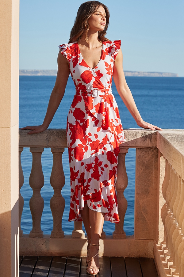 Red & Ivory Floral Print Ruffle Hem Midi Dress
