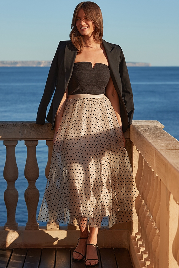 Ivory & Black Spot Print Tulle Midi Skirt