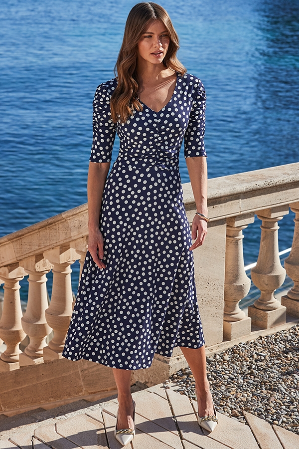 Navy & White Spot Print Ruched Front Midi Jersey Dress