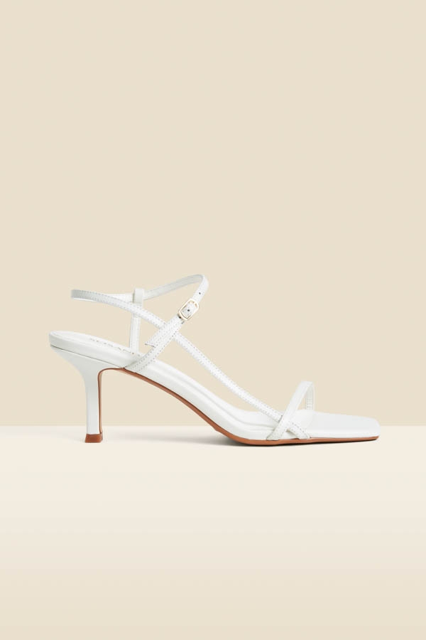 White Leather Mid Heel Square Toe Sandals