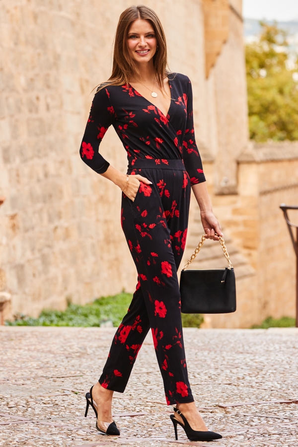 Ruby Red Sequin Two Part Feather Trim Kick Flare Jumpsuit