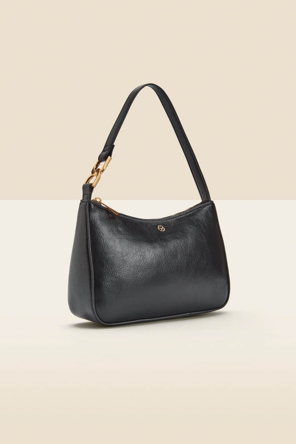 Black Luxe Gold Handle Detail Faux Leather Shoulder Bag