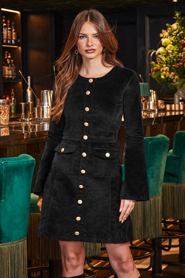 Black Velvet Fit & Flare Dress With Button Pocket Detail