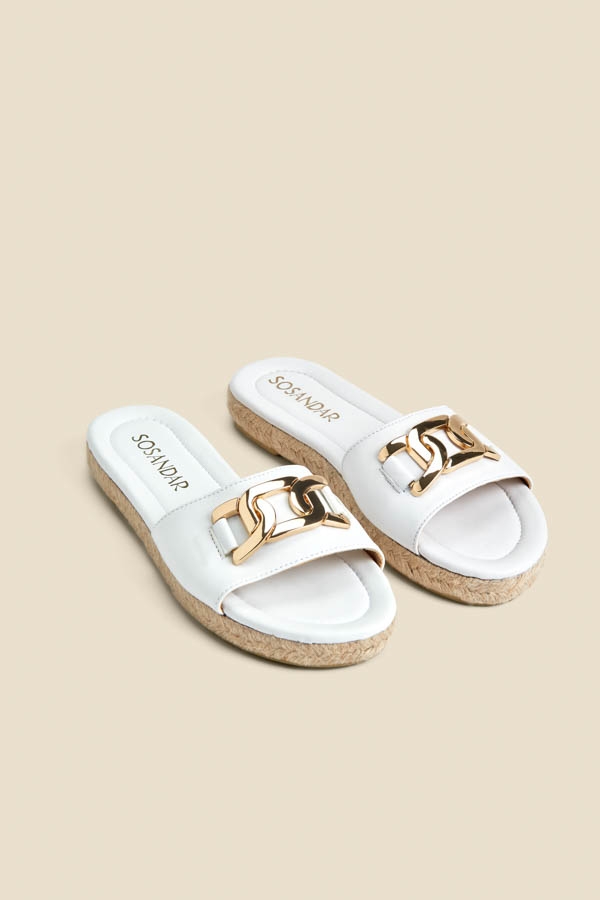 White Leather Trim Detail Flat Espadrille Sandals