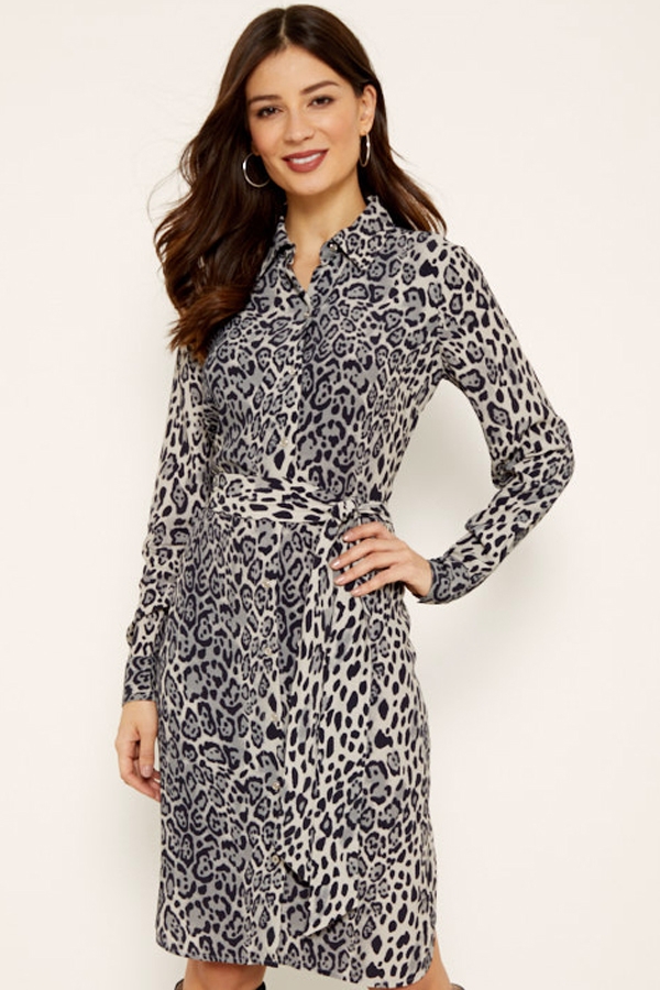 Snow Leopard Print Belted Shirt Dress