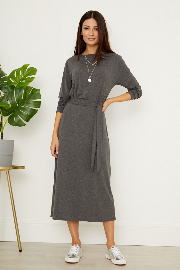 Charcoal Marl Jersey Long Sleeve Belted Dress