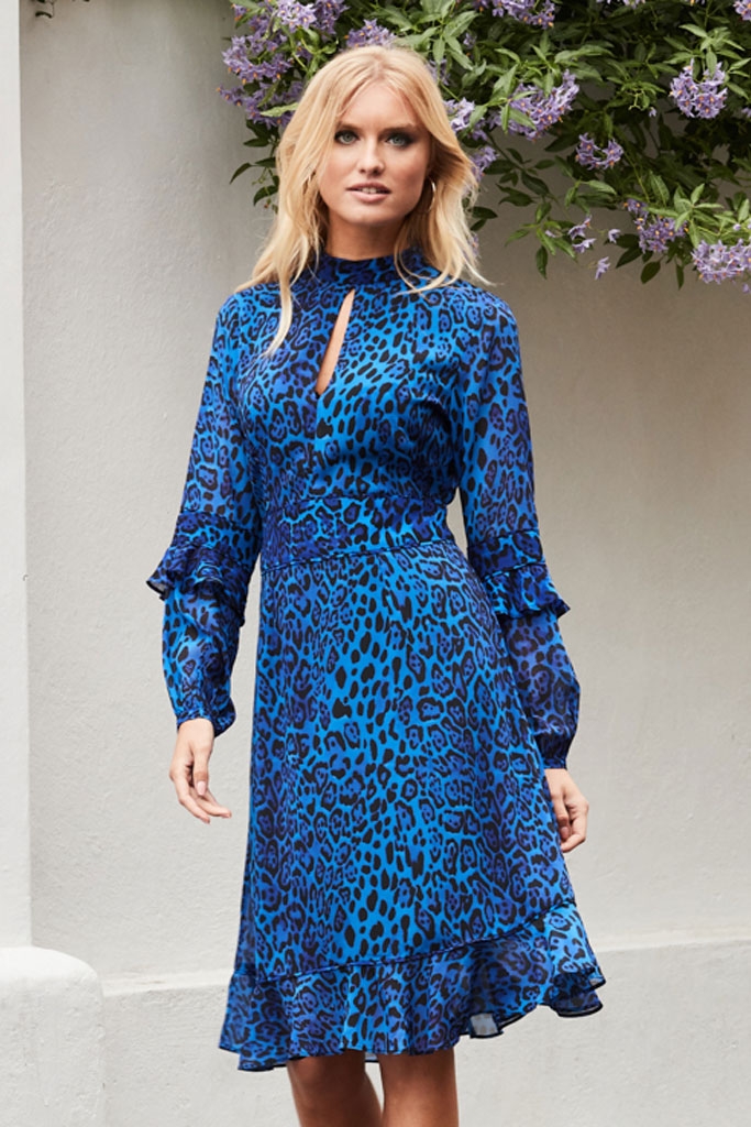Blue Leopard Print Fit & Flare Ruffle Dress