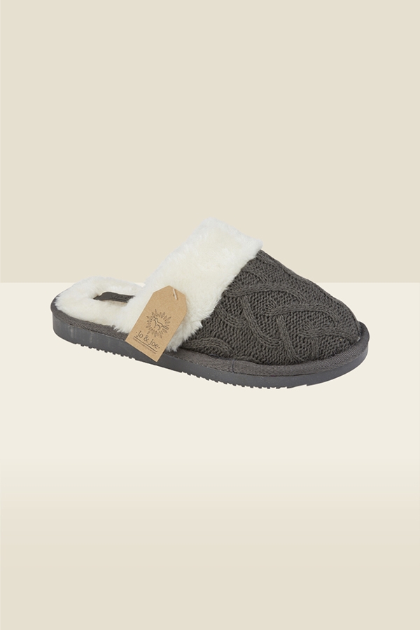 Grey Cable Knit Mule Slippers