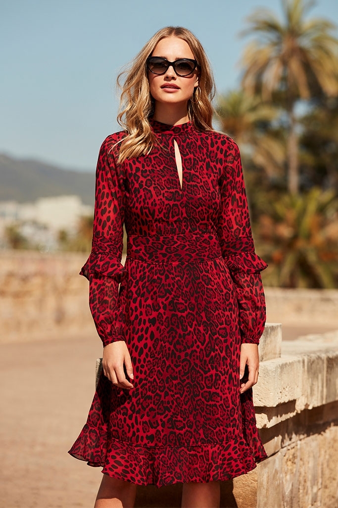 tommy red ruffle leopard dress