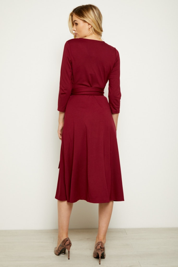 Burgundy Faux Wrap Belted Dress
