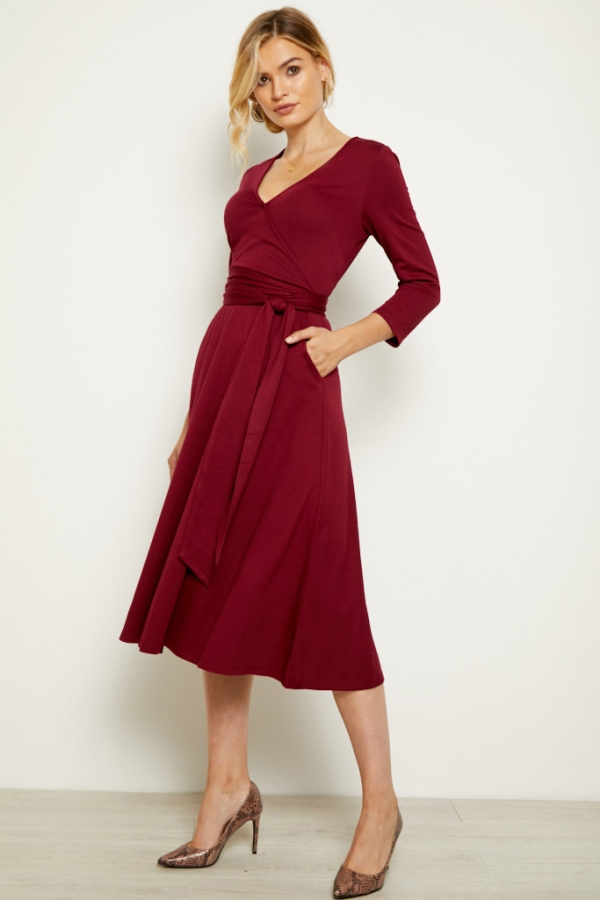 Burgundy Faux Wrap Belted Dress