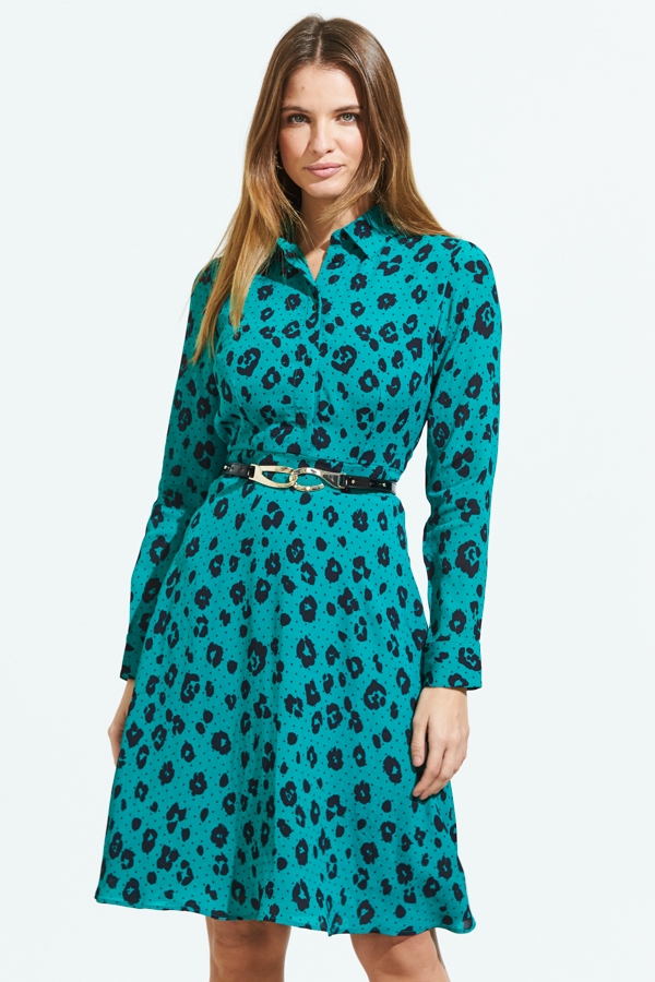 green leopard print long sleeve dress