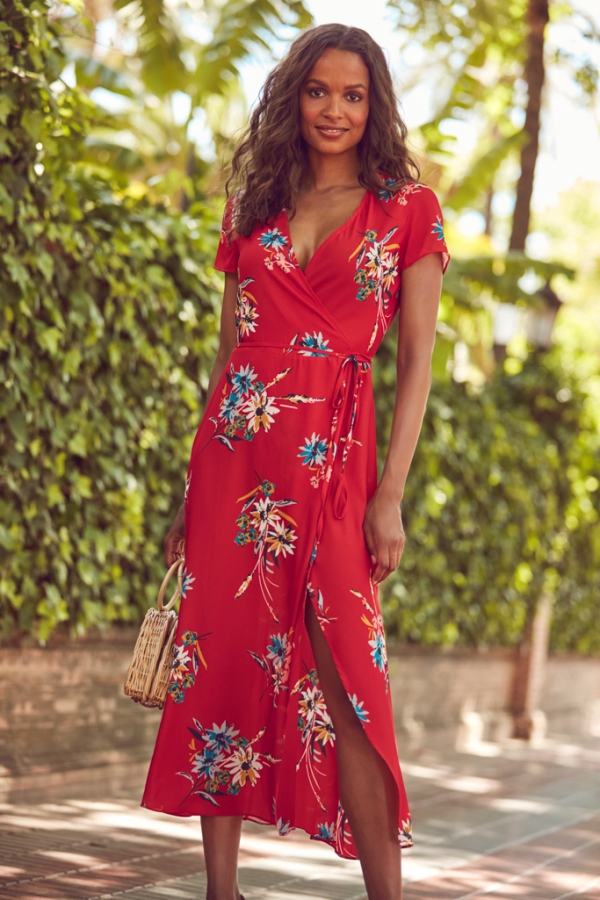 Red Floral Print Wrap Maxi Dress